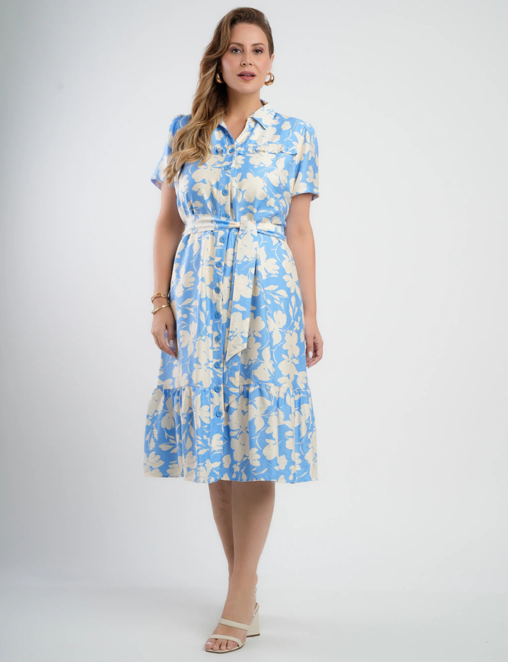 Vestido Midi Crepe Encorpado Estampado Azul