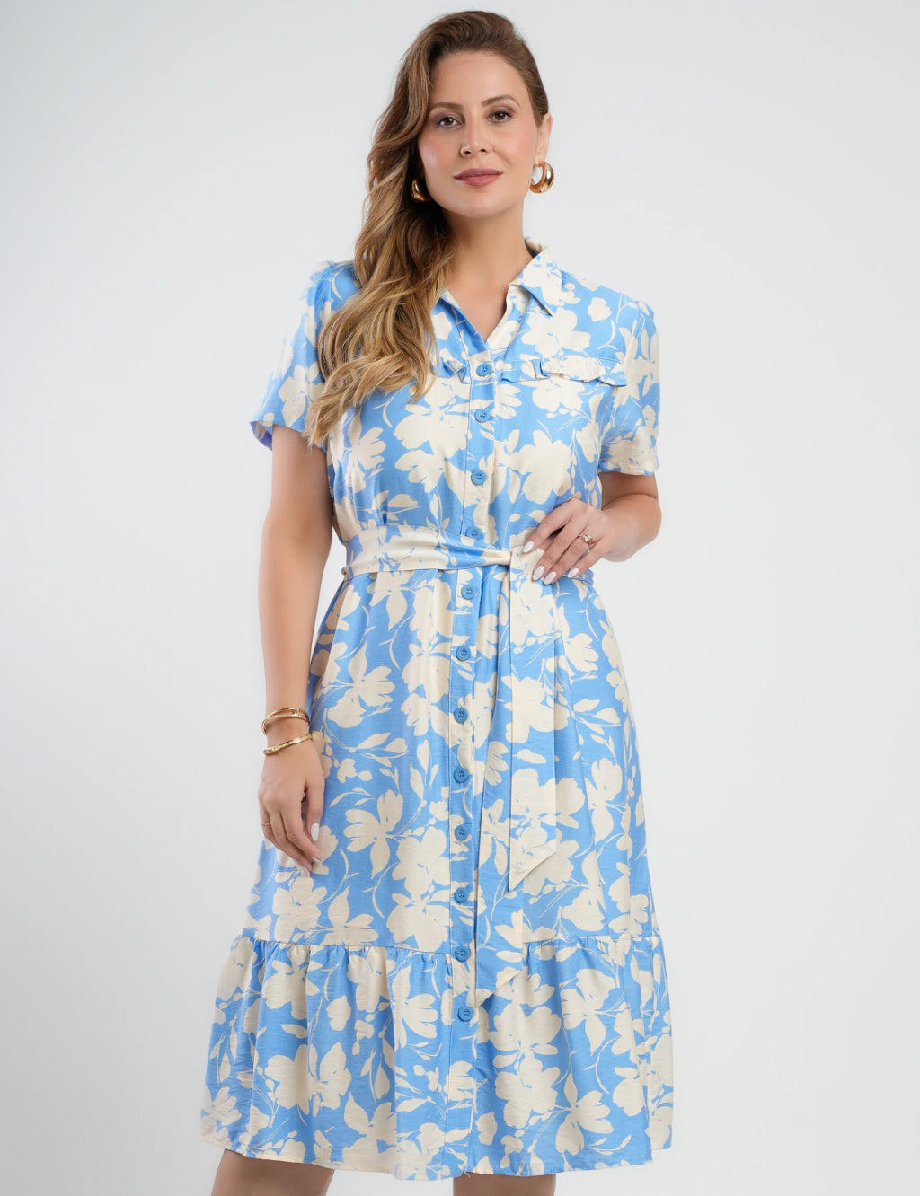 Vestido Midi Crepe Encorpado Estampado Azul