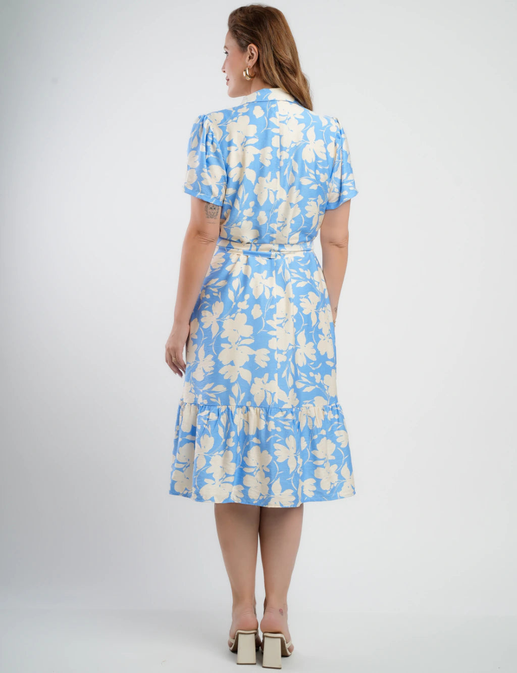 Vestido Midi Crepe Encorpado Estampado Azul