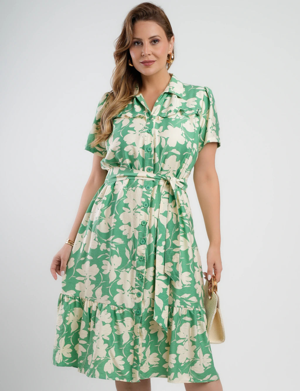 Vestido Midi Crepe Encorpado Estampado Verde