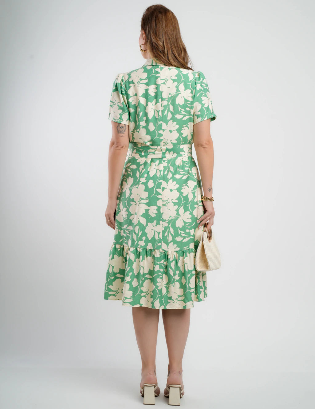 Vestido Midi Crepe Encorpado Estampado Verde