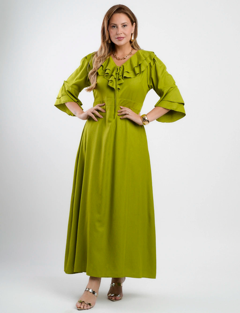 Vestido Longo Poliviscose Com Babado Verde