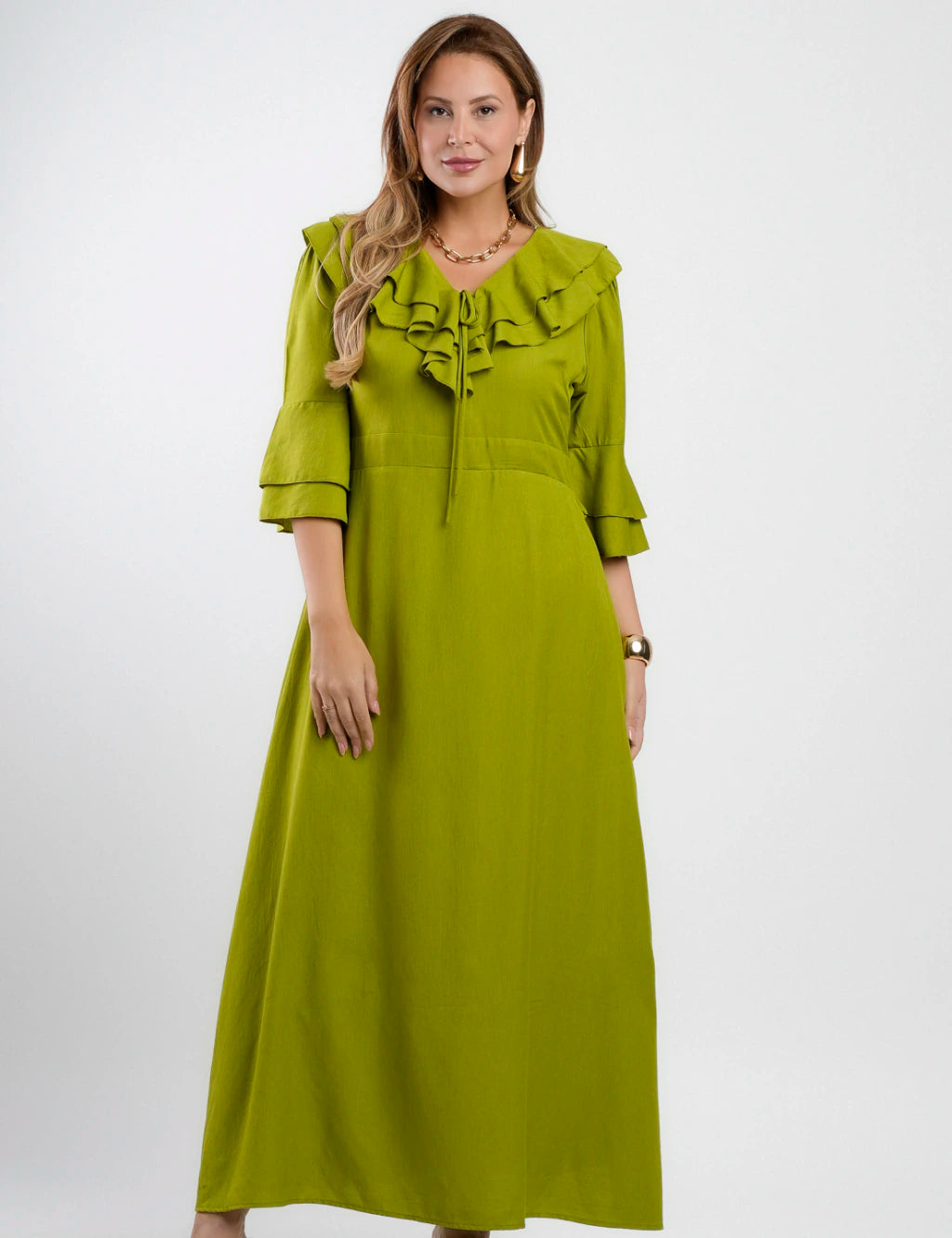 Vestido Longo Poliviscose Com Babado Verde