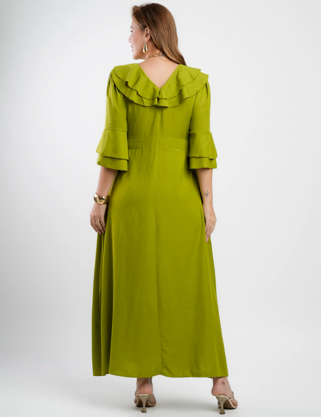 Vestido Longo Poliviscose Com Babado Verde