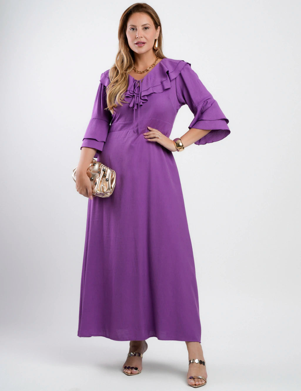 Vestido Longo Poliviscose Com Babado Roxo