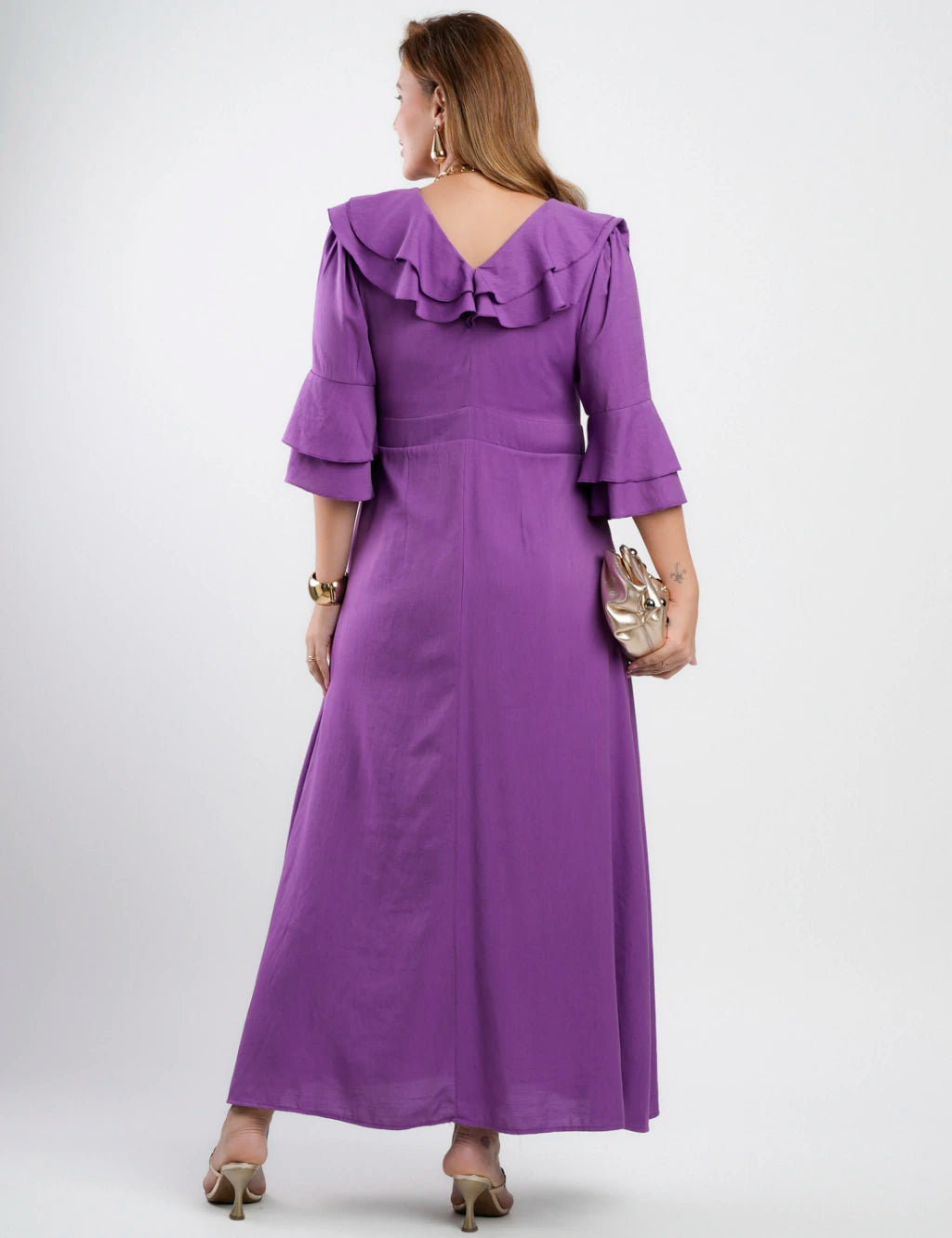 Vestido Longo Poliviscose Com Babado Roxo