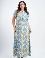 Vestido Longo Chiffon Estampado Com Babadinho Azul