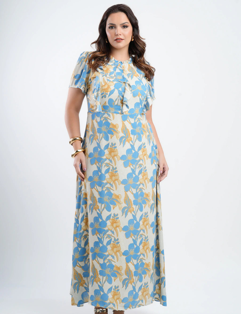 Vestido Longo Chiffon Estampado Com Babadinho Azul