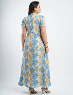 Vestido Longo Chiffon Estampado Com Babadinho Azul