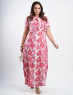 Vestido Longo Chiffon Estampado Com Babadinho Vermelho