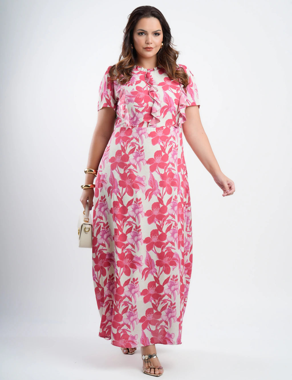 Vestido Longo Chiffon Estampado Com Babadinho Vermelho