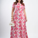 Vestido Longo Chiffon Estampado Com Babadinho Vermelho