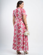 Vestido Longo Chiffon Estampado Com Babadinho Vermelho