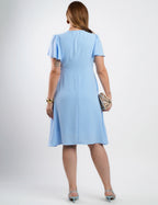 Vestido Curto Crepe Blusa Transpassada Azul