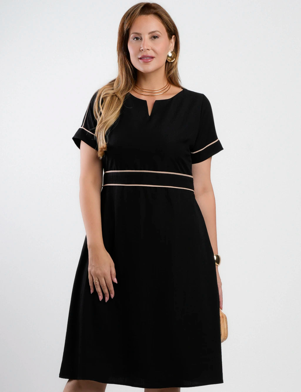 Vestido Midi Poliviscose Encorpado Com Vivo Preto