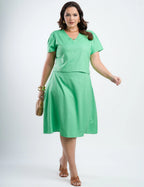 Vestido Midi Linho Com Pesponto Gola Verde