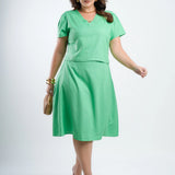 Vestido Midi Linho Com Pesponto Gola Verde