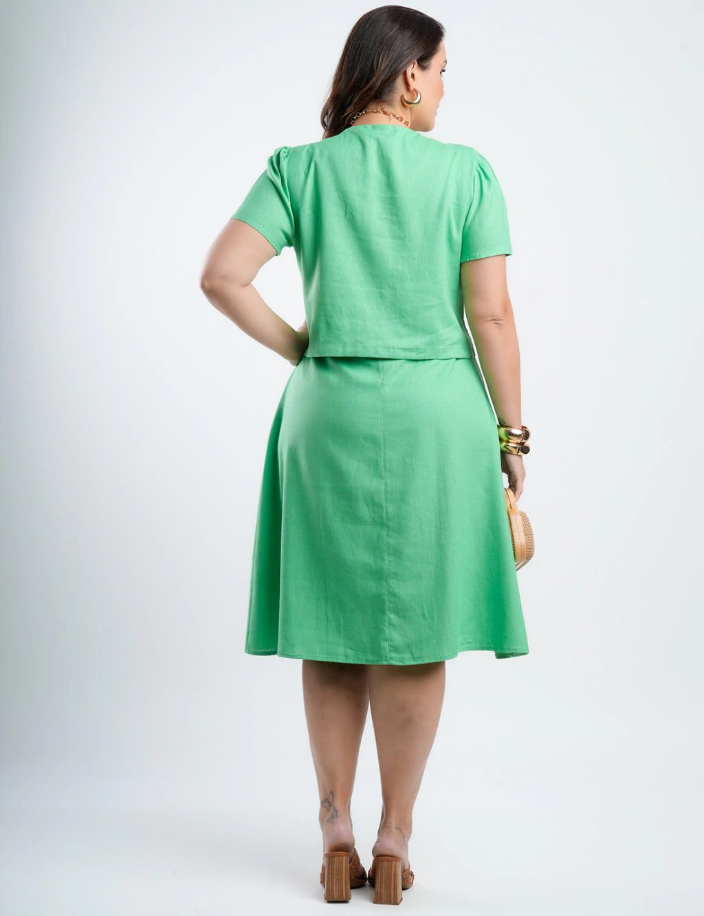 Vestido Midi Linho Com Pesponto Gola Verde