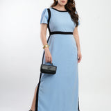 Vestido Longo Poliviscose Encorpado Bicolor Azul