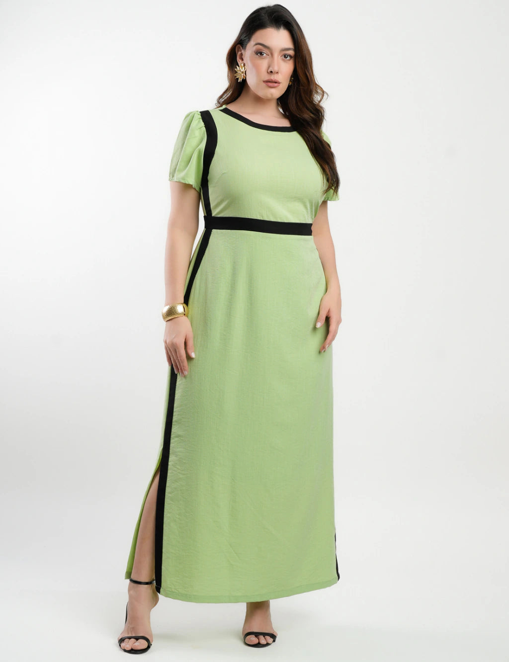 Vestido Longo Poliviscose Encorpado Bicolor Verde