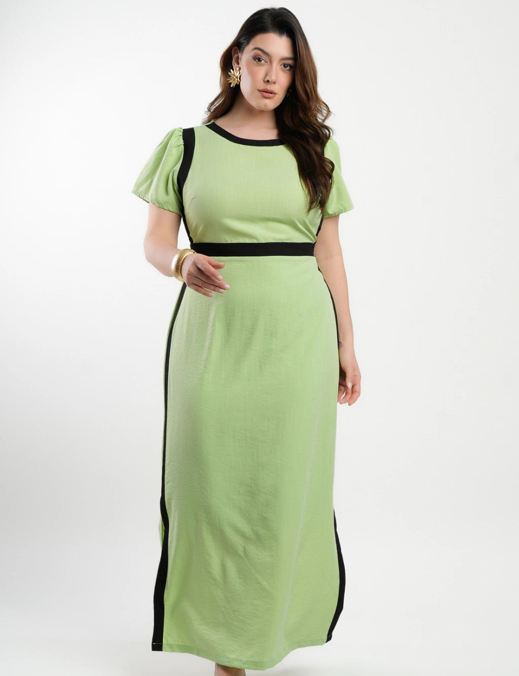 Vestido Longo Poliviscose Encorpado Bicolor Verde