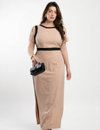 Vestido Longo Poliviscose Encorpado Bicolor Marrom