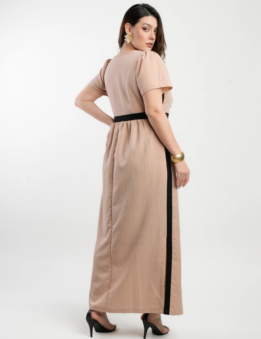 Vestido Longo Poliviscose Encorpado Bicolor Marrom