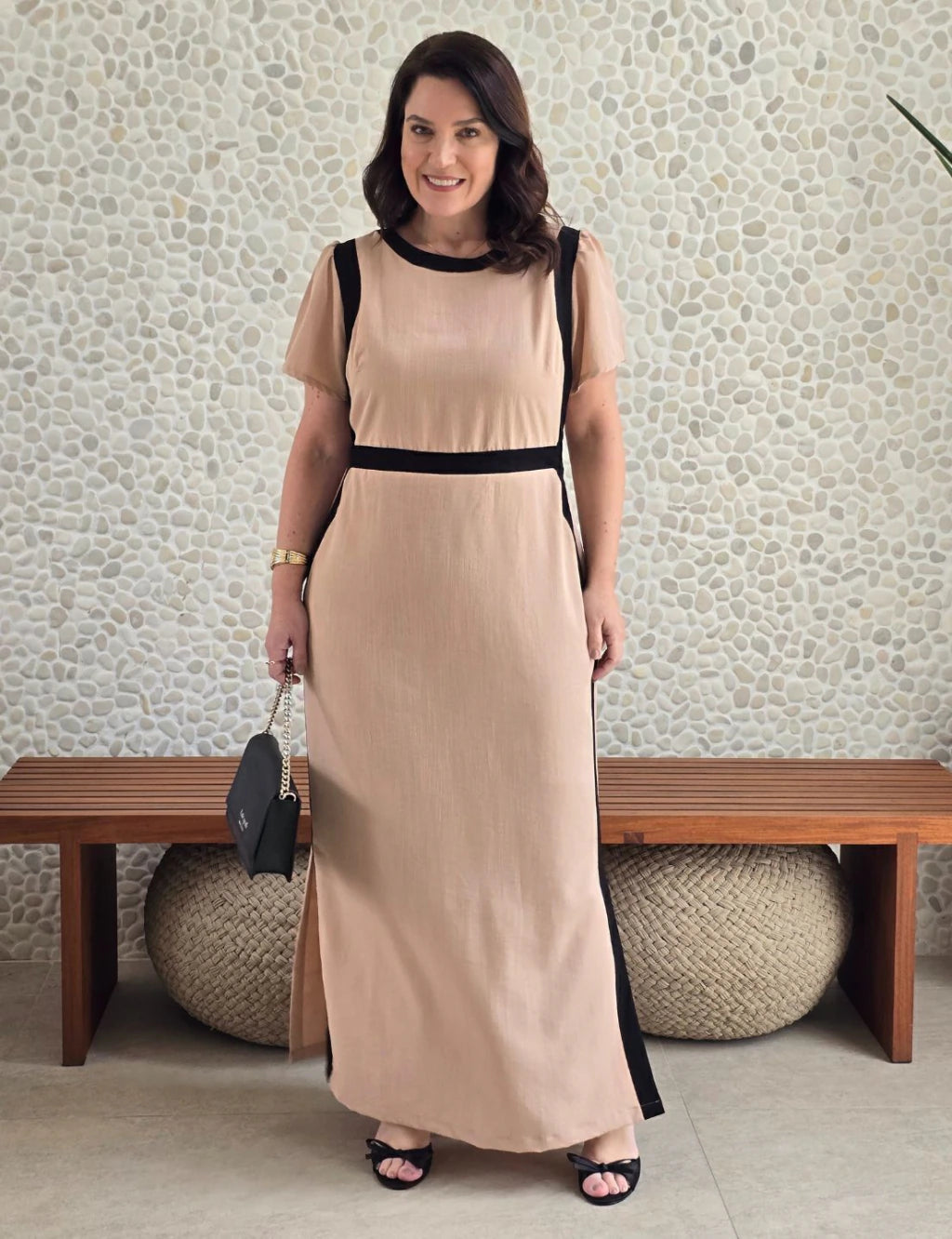 Vestido Longo Poliviscose Encorpado Bicolor Marrom