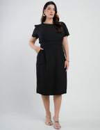 Vestido Midi Alfaiataria Com Nervuras Preto