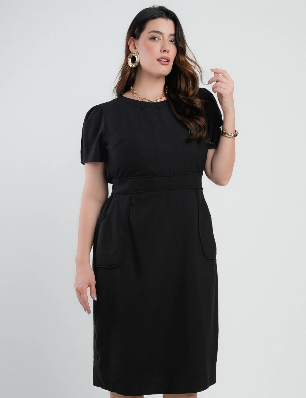 Vestido Midi Alfaiataria Com Nervuras Preto