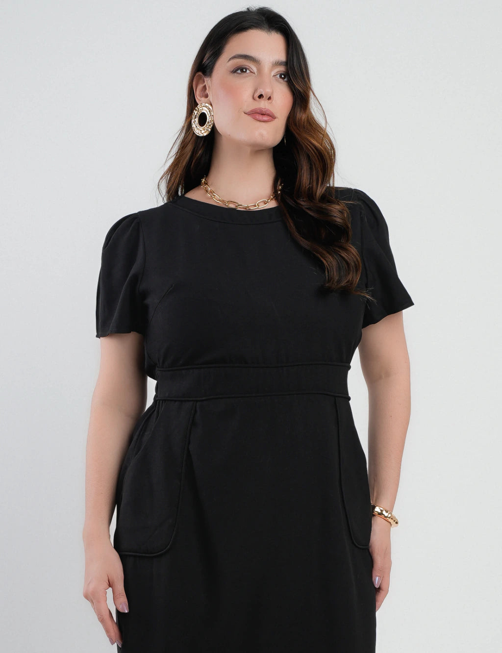 Vestido Midi Alfaiataria Com Nervuras Preto
