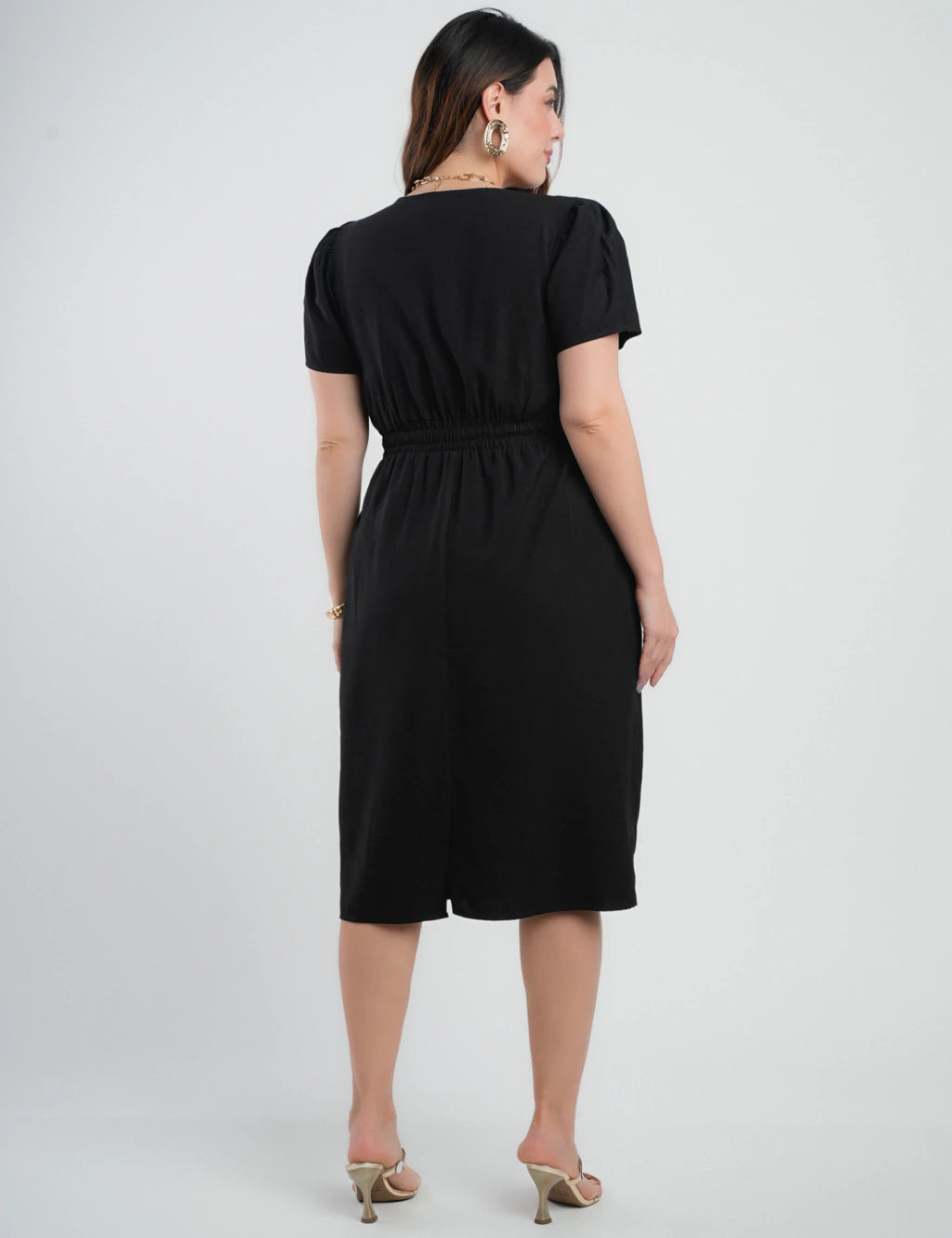 Vestido Midi Alfaiataria Com Nervuras Preto