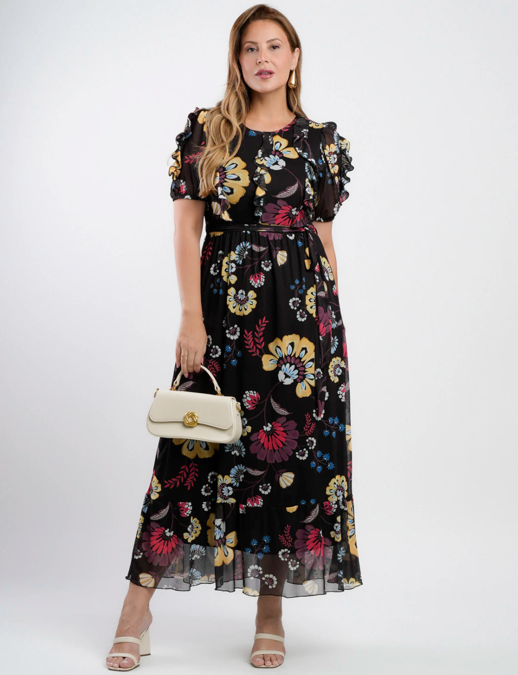 Vestido Longo Tule Estampado Com Babados Preto