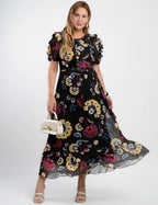 Vestido Longo Tule Estampado Com Babados Preto