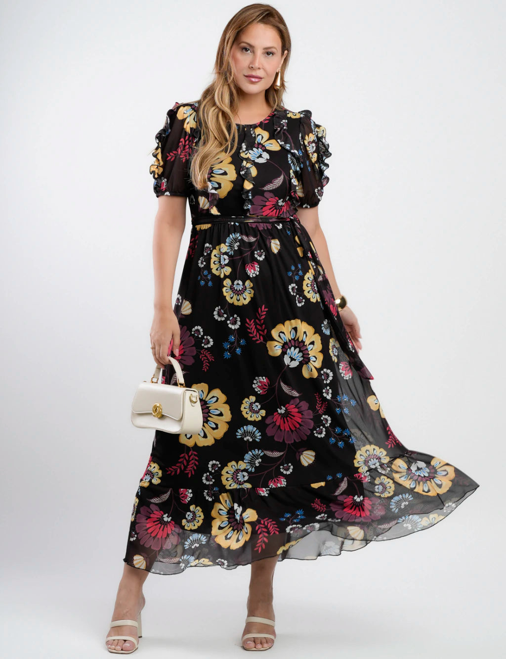 Vestido Longo Tule Estampado Com Babados Preto