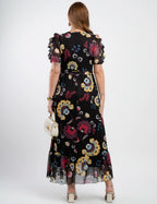 Vestido Longo Tule Estampado Com Babados Preto