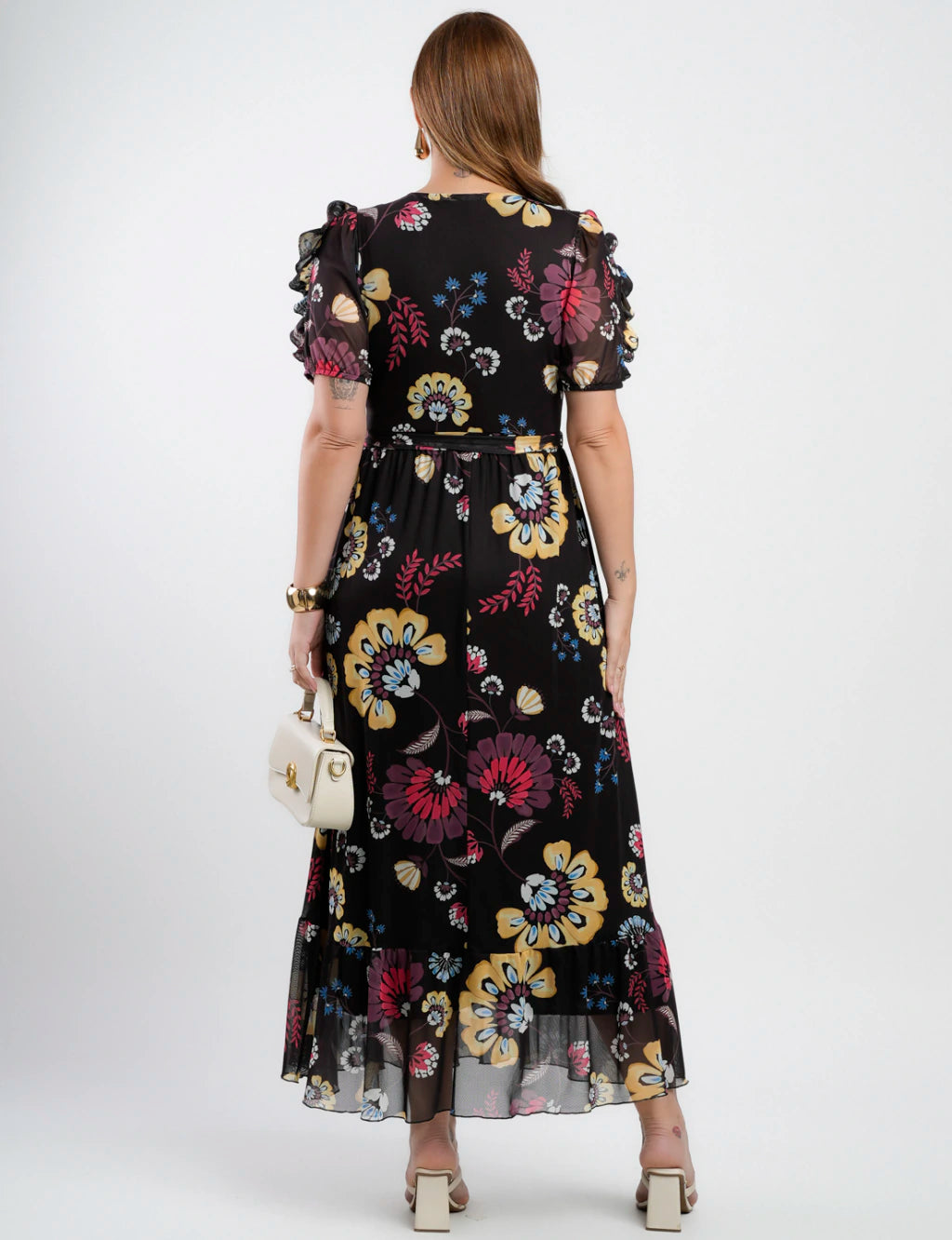 Vestido Longo Tule Estampado Com Babados Preto