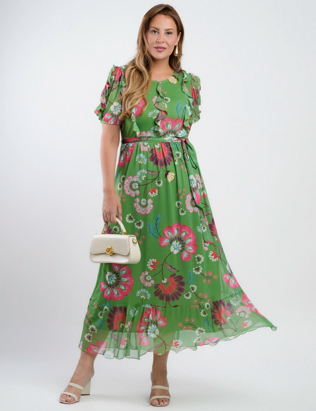 Vestido Longo Tule Estampado Com Babados Verde