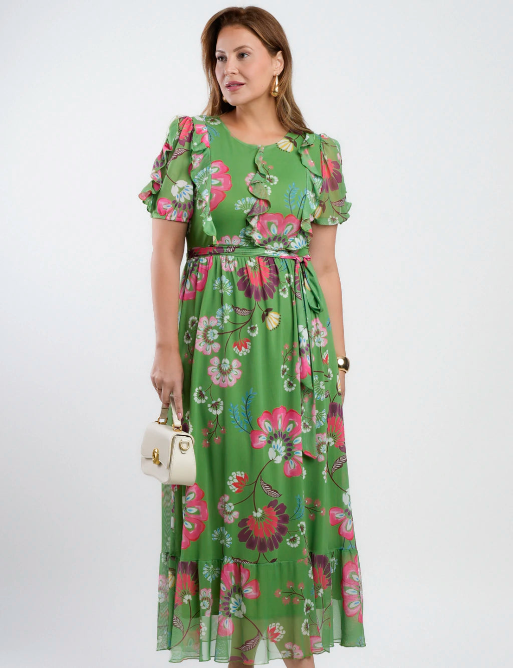Vestido Longo Tule Estampado Com Babados Verde