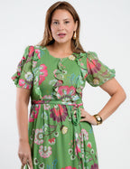 Vestido Longo Tule Estampado Com Babados Verde