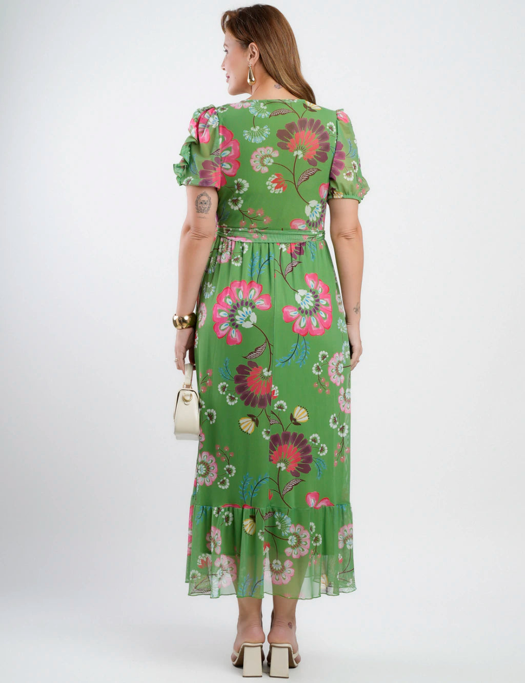 Vestido Longo Tule Estampado Com Babados Verde