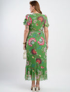 Vestido Longo Tule Estampado Com Babados Verde