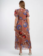 Vestido Longo Tule Estampado Com Babados Marrom