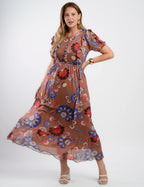 Vestido Longo Tule Estampado Com Babados Marrom