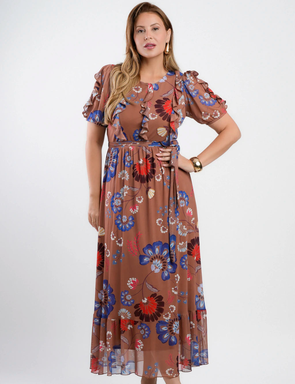 Vestido Longo Tule Estampado Com Babados Marrom