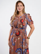 Vestido Longo Tule Estampado Com Babados Marrom