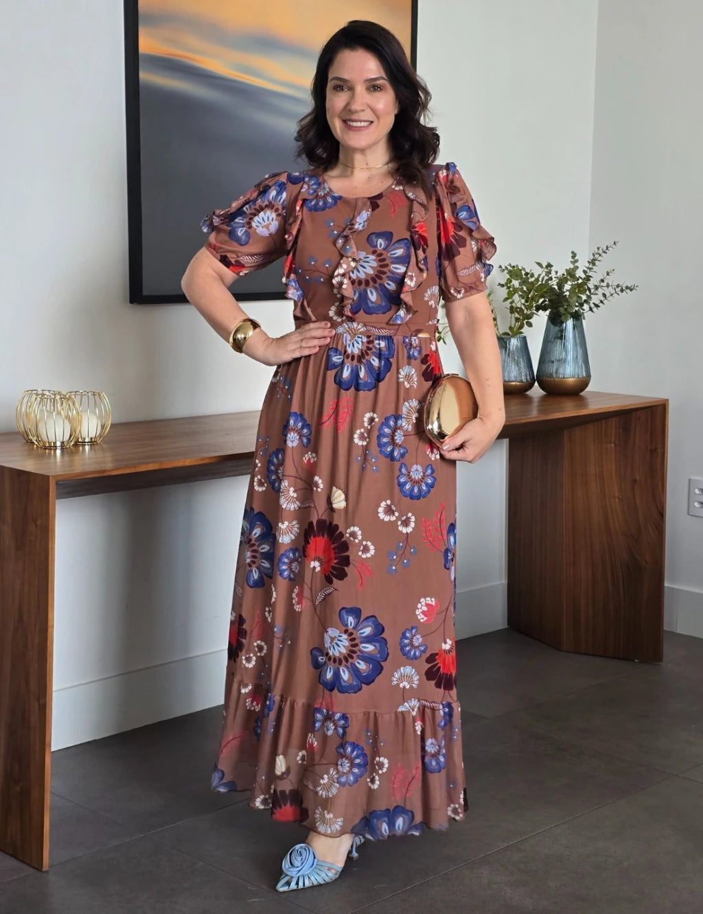 Vestido Longo Tule Estampado Com Babados Marrom