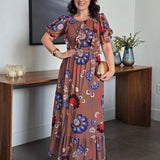 Vestido Longo Tule Estampado Com Babados Marrom