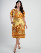 Vestido Midi Viscose Estampado Barrado Amarelo