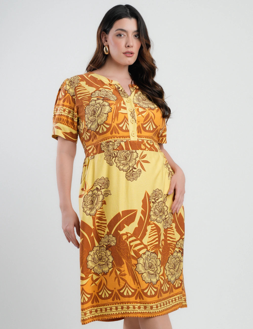 Vestido Midi Viscose Estampado Barrado Amarelo